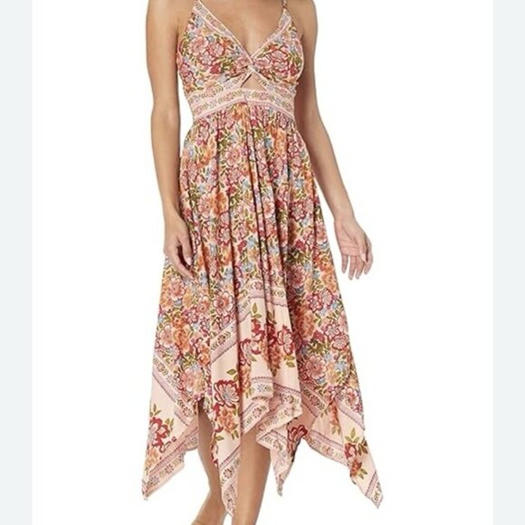 Angie Dresses & Skirts - Angie Asymmetrical Floral Midi Dress sz S Front Twist Handkerchief Hem Boho Chic